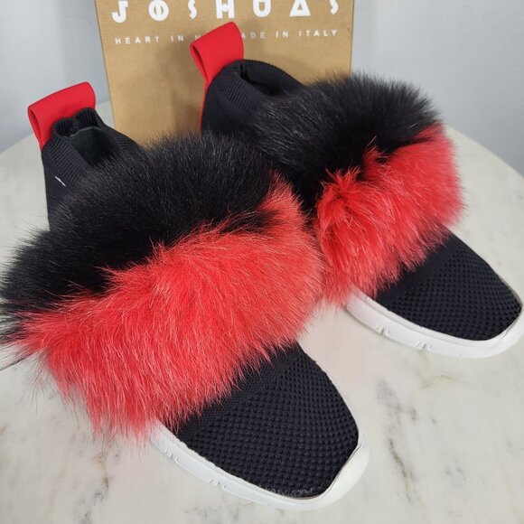 NWB~$345~JOSHUA*S~38/8~ITALY RED BLACK FOX FUR EXTRA LIGHT SNEAKERS SHOES BOOTS - Picture 9 of 16